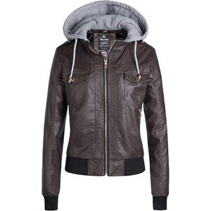Wantdo Women Dark Brown Motorcycle Short Faux Leather Jacket with Removable Hood